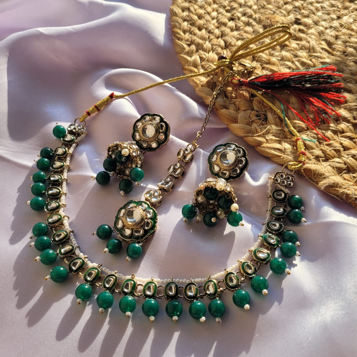 Kundan Green Necklace Set With Earrings Mangtika