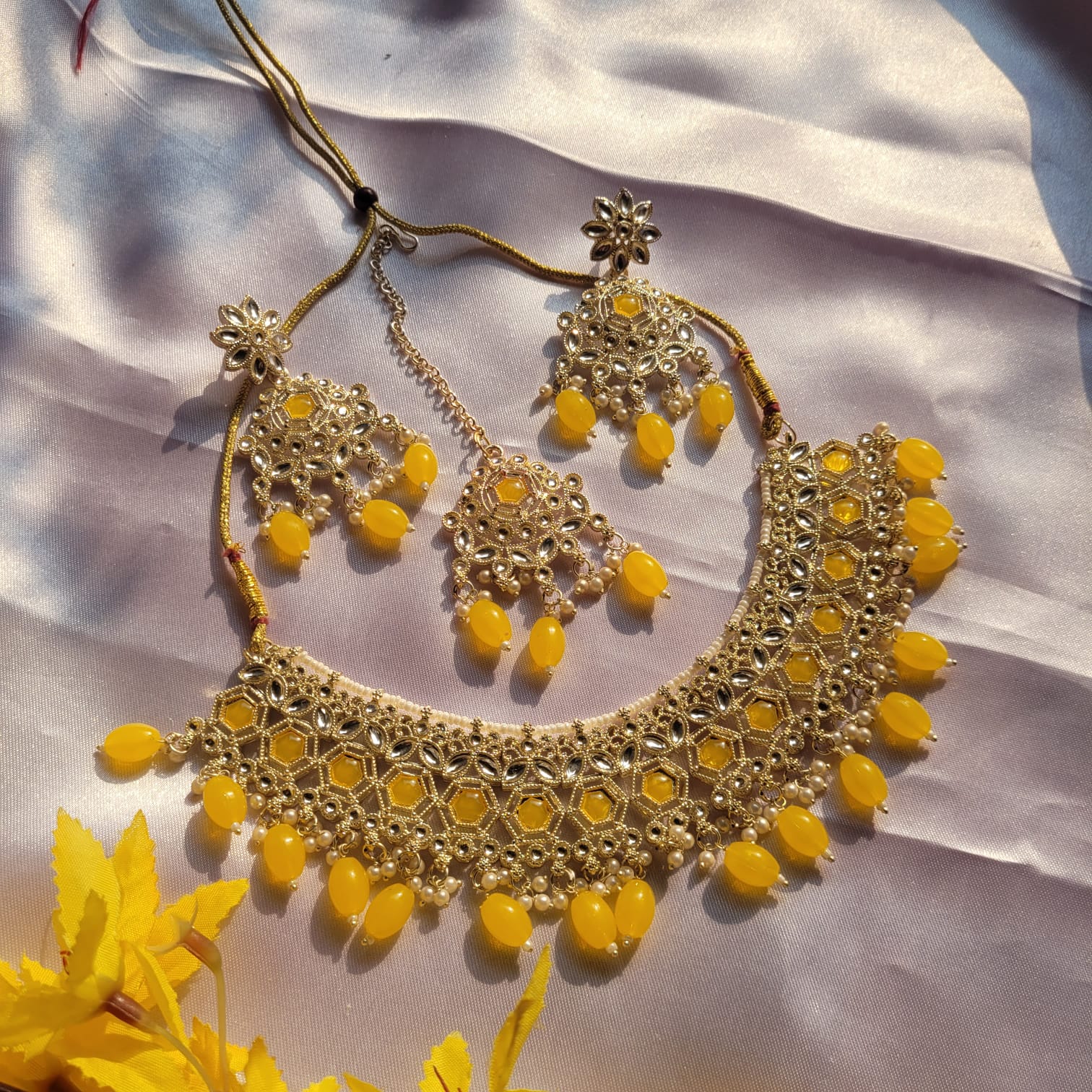 Kundan Embellished Necklace Set With Earrings Mangtika Yellow
