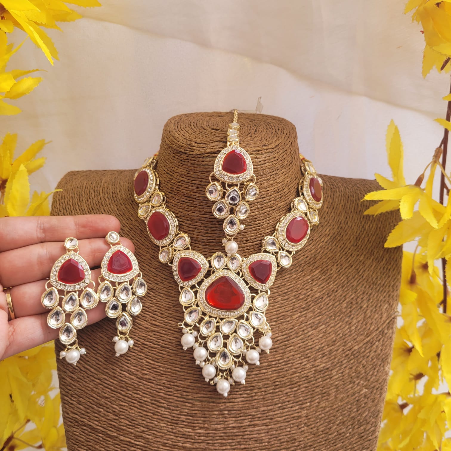 Rajwada Necklace Set With Earrings Mangtika Magenta