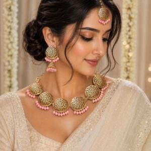 Intricate Pink Royal Design Necklace Set with Earrings and Mangtika
