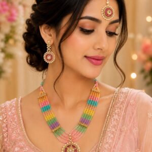 Glossy Crystal Necklace Set With Earrings & Mangtika - Multicolor