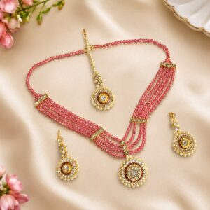 Glossy Crystal Necklace Set With Earrings & Mangtika - Pink