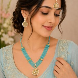 Glossy Crystal Necklace Set With Earrings & Mangtika - Aqua