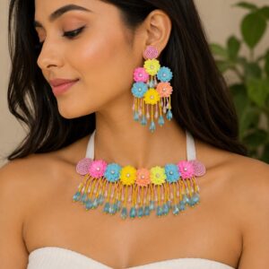 Handcrafted Floral Beaded Necklace Set With Earrings