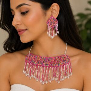 Handcrafted Pearl Beaded Necklace Set With Earrings