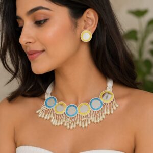 Dual Colored Pearl Tassel Necklace Set With Earrings