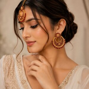 Noor Earrings with Mangtika - Maroon