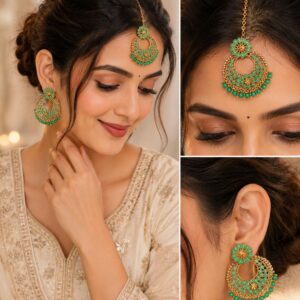 Noor Earrings with Mangtika - Green