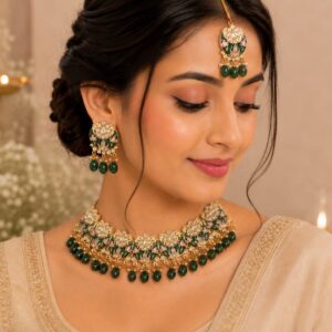 Embellished Moon Necklace Set with Earrings and Mangtika - Green