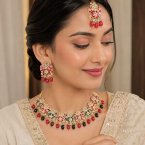 Embellished Moon Necklace Set with Earrings and Mangtika - Red