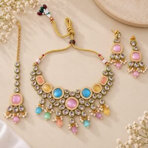 Aurelia Pastel Kundan Necklace Set With Earrings & Mangtika